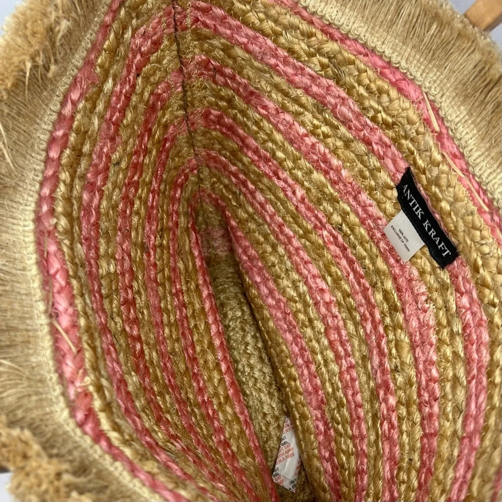 NWT Antik Kraft Natural and Pink Striped Jute Tote with Wooden Handles - Picture 4 of 10